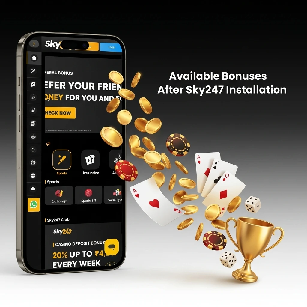List of Sky247 sports and casino bonuses available after app installation, including cashback and deposit rewards.