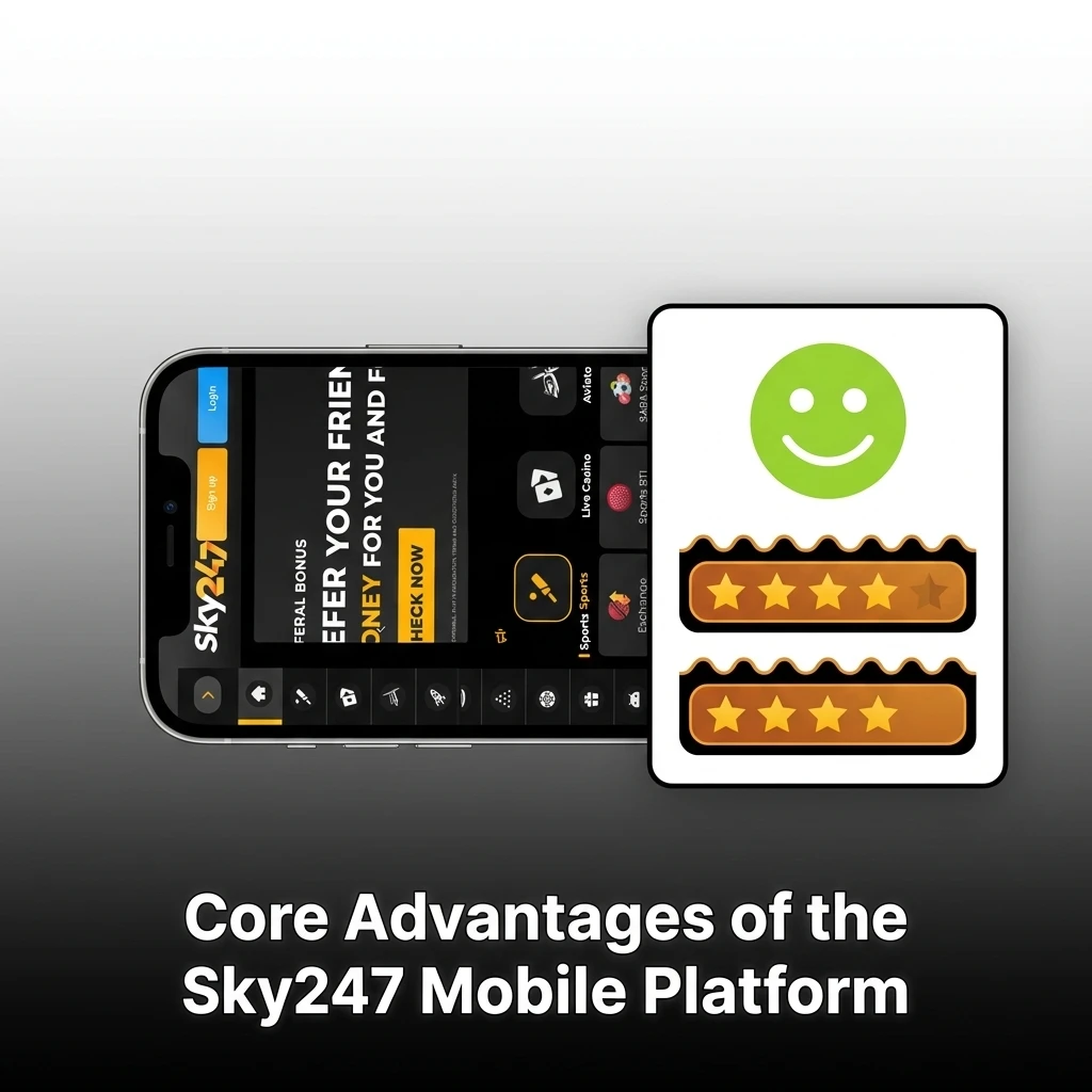 Core advantages of the Sky247 mobile platform for Indian players, including INR support, UPI payments, games & bonuses.
