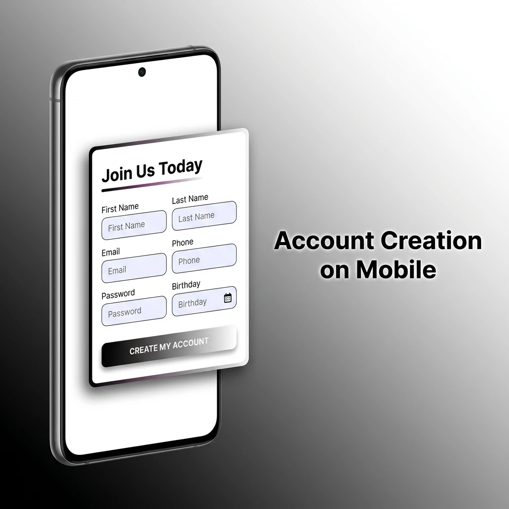 Mobile app sign-up screen showing input fields for personal details, INR currency selection, and OTP verification.