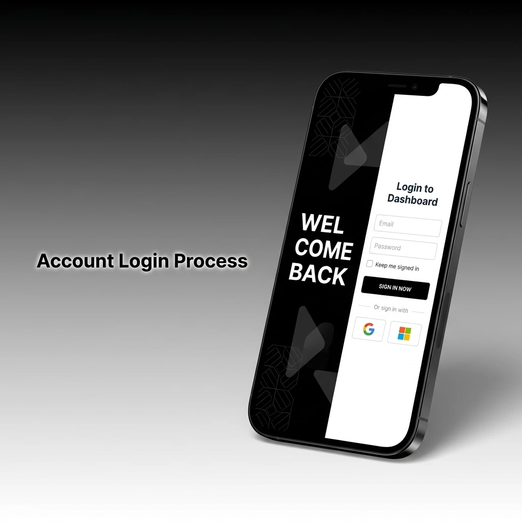 Visual guide showing the 4-step account login process for returning users on the mobile app.