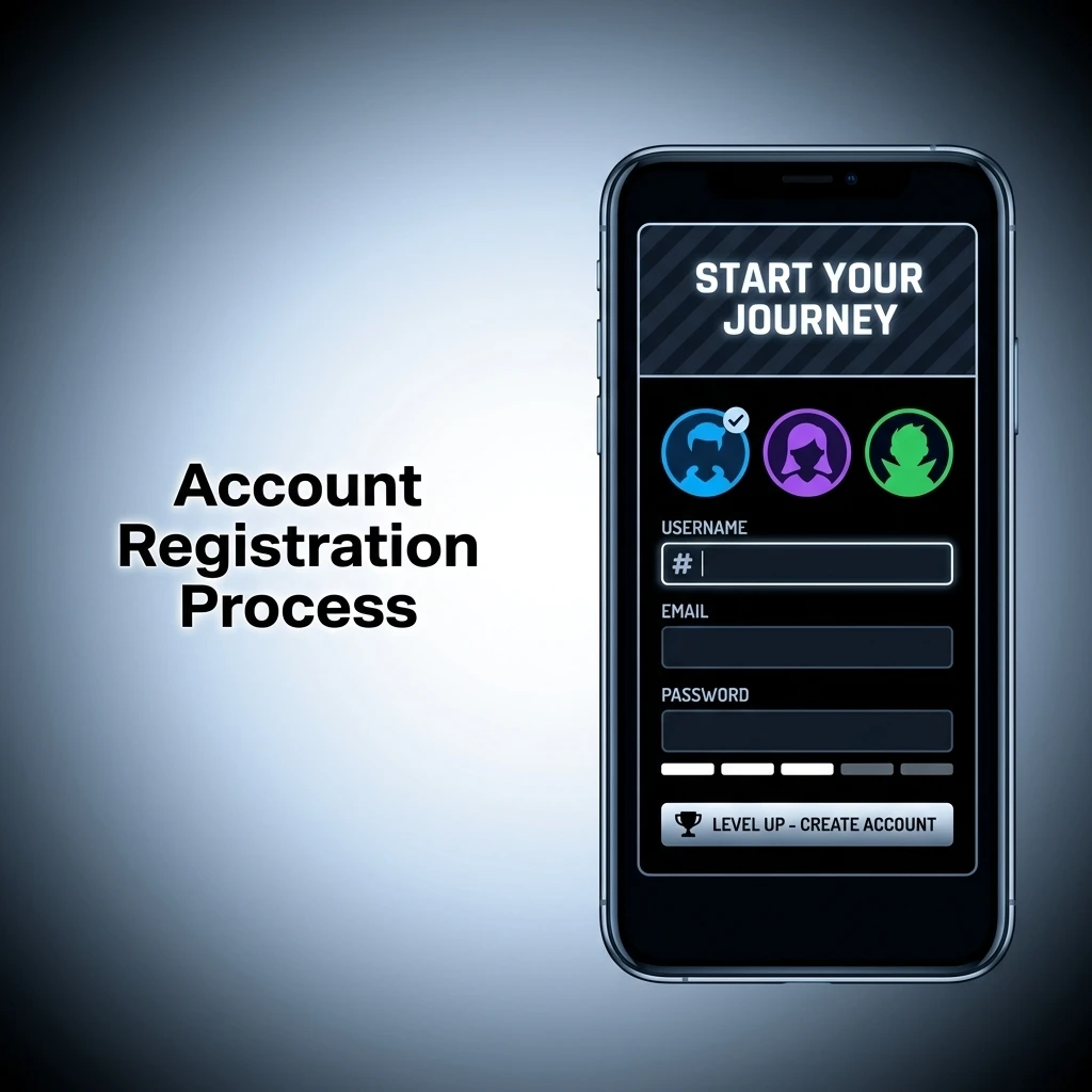 Five steps to register an account: tap signup, enter email/phone, create password, input details, and accept terms.