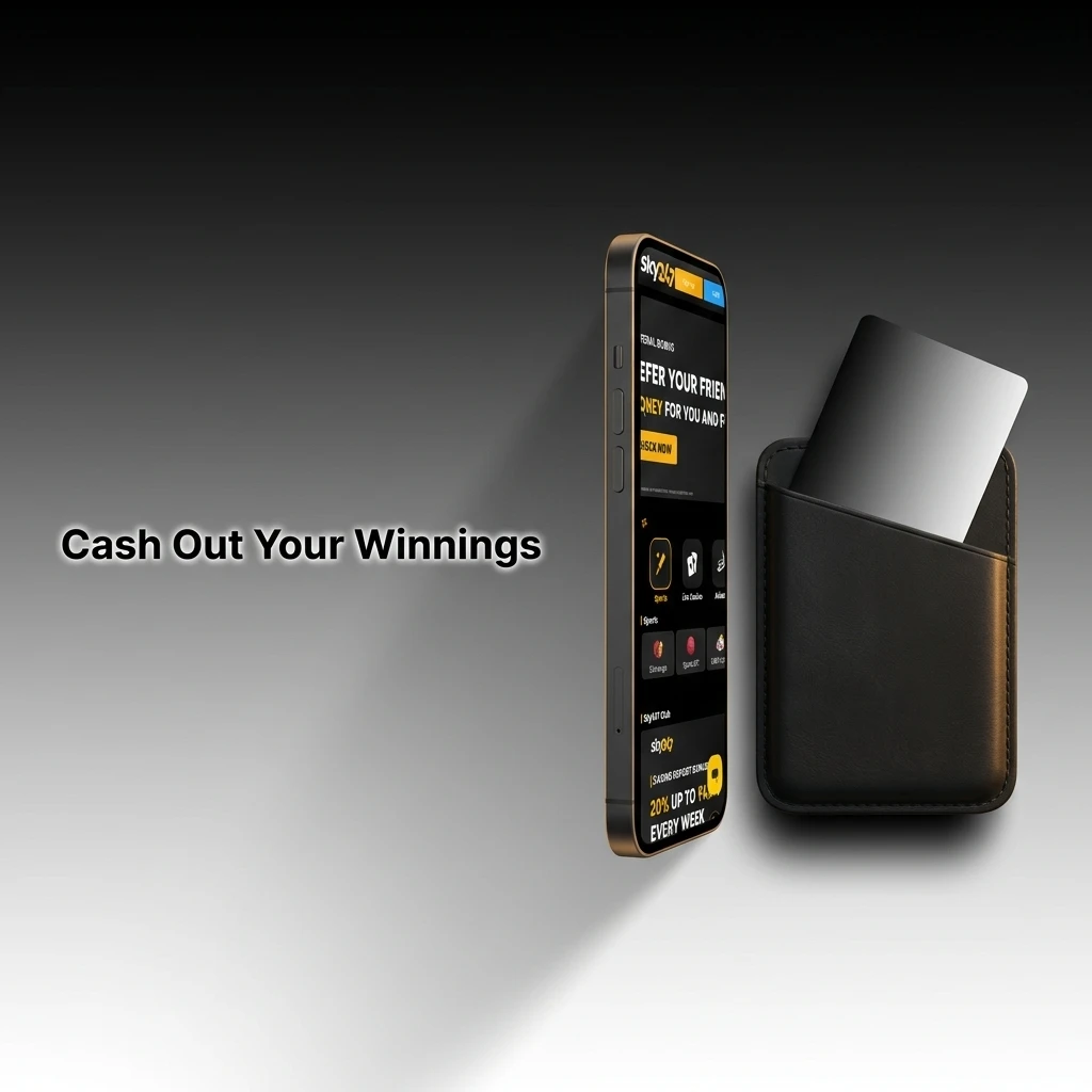 Mobile interface showing four steps to cash out winnings: open cashier, pick payment method, enter amount, and submit.