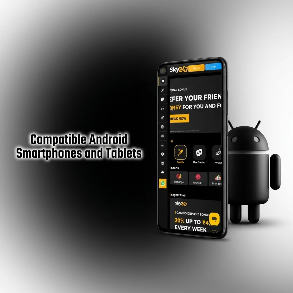 Table listing compatible Android smartphones and tablets for the Sky247 app, including Samsung, Google and Xiaomi models.