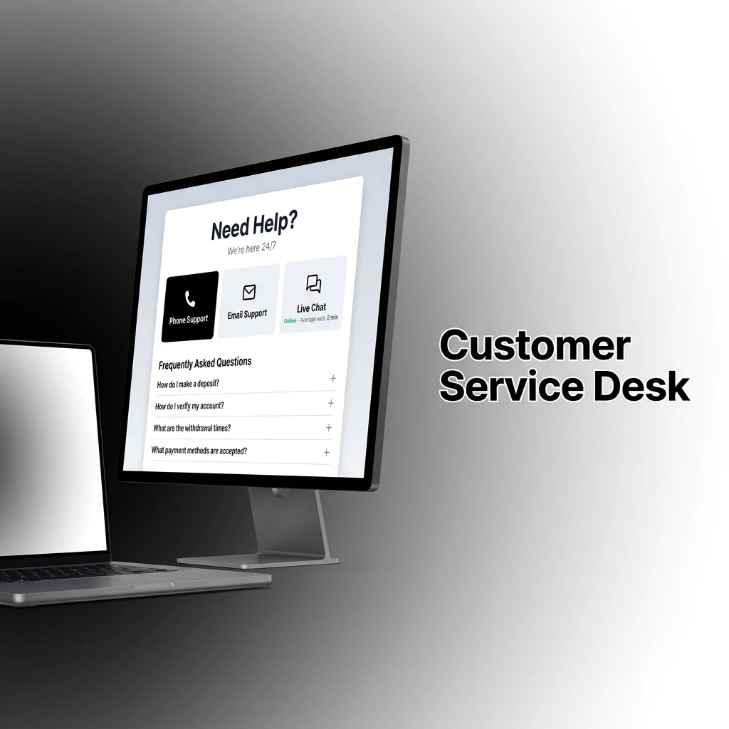 Customer service desk showing technical support options: live chat, email, phone, and social media.