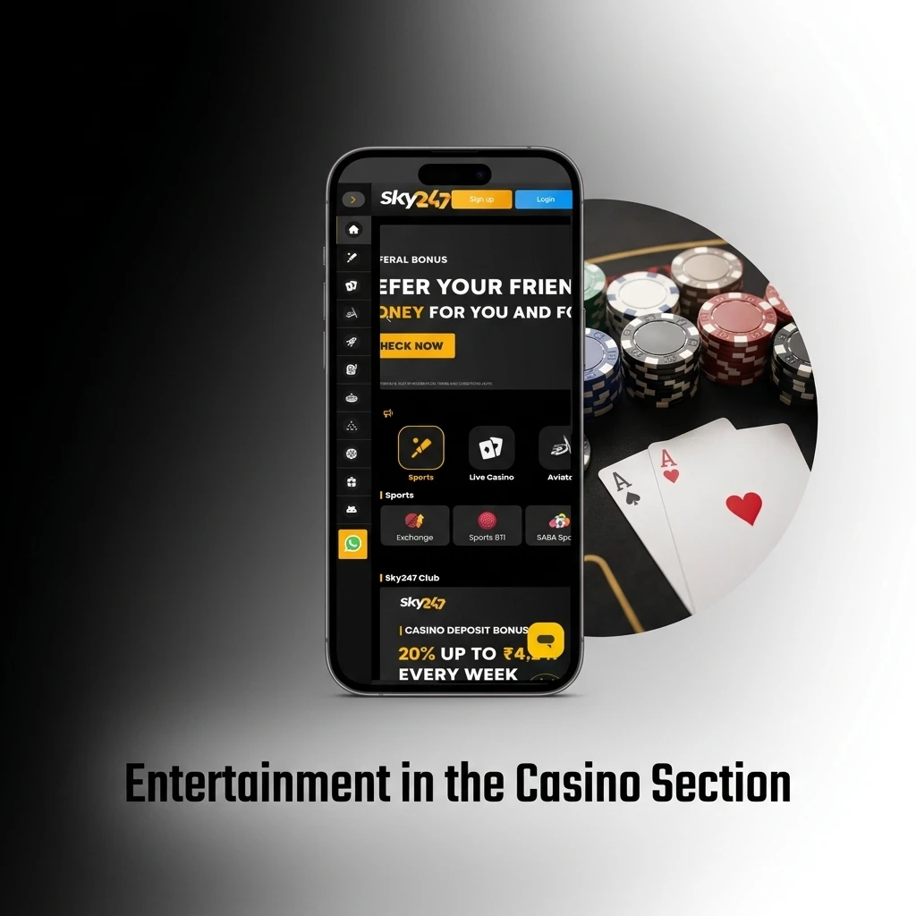 Sky247 casino app screen showing entertainment options including slots, table games, and live dealers.