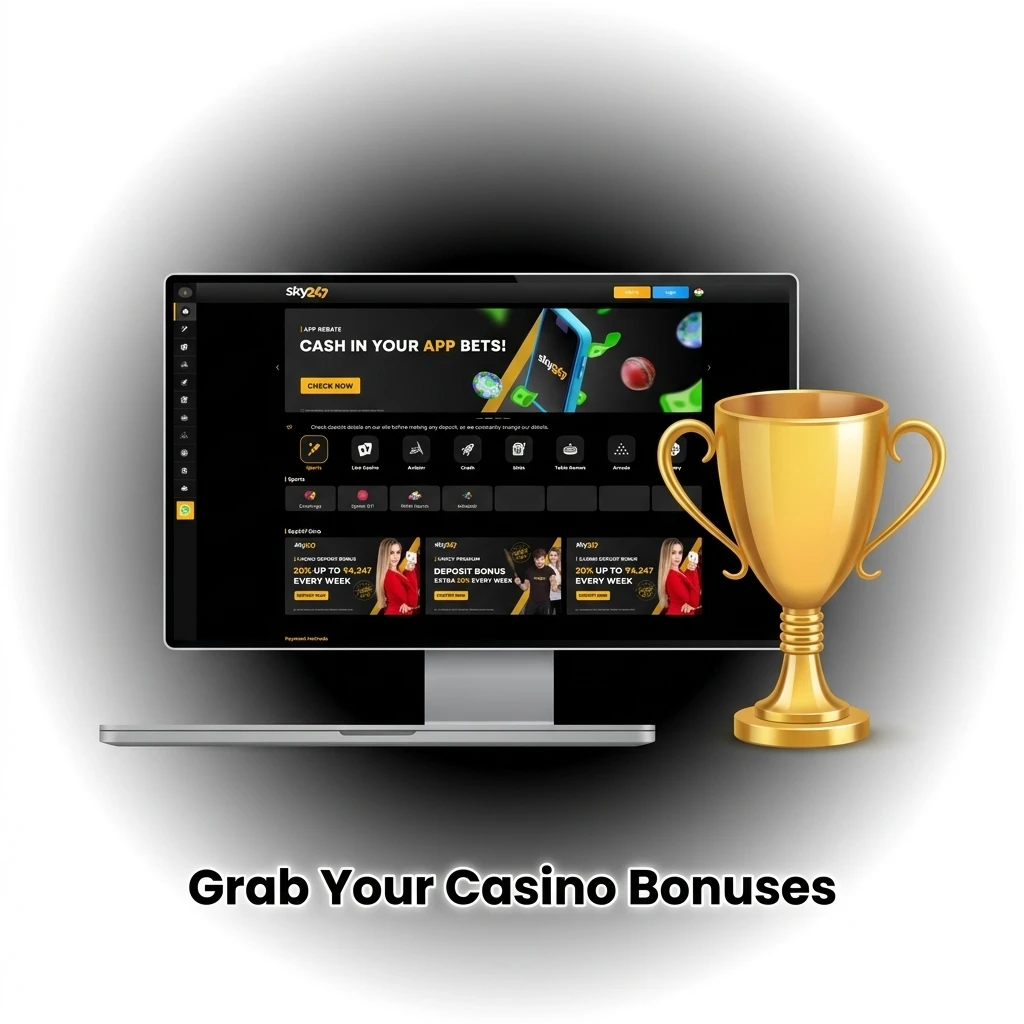 Graphic displaying various Sky247 casino bonuses, including cashback, deposit offers, and weekly rewards.