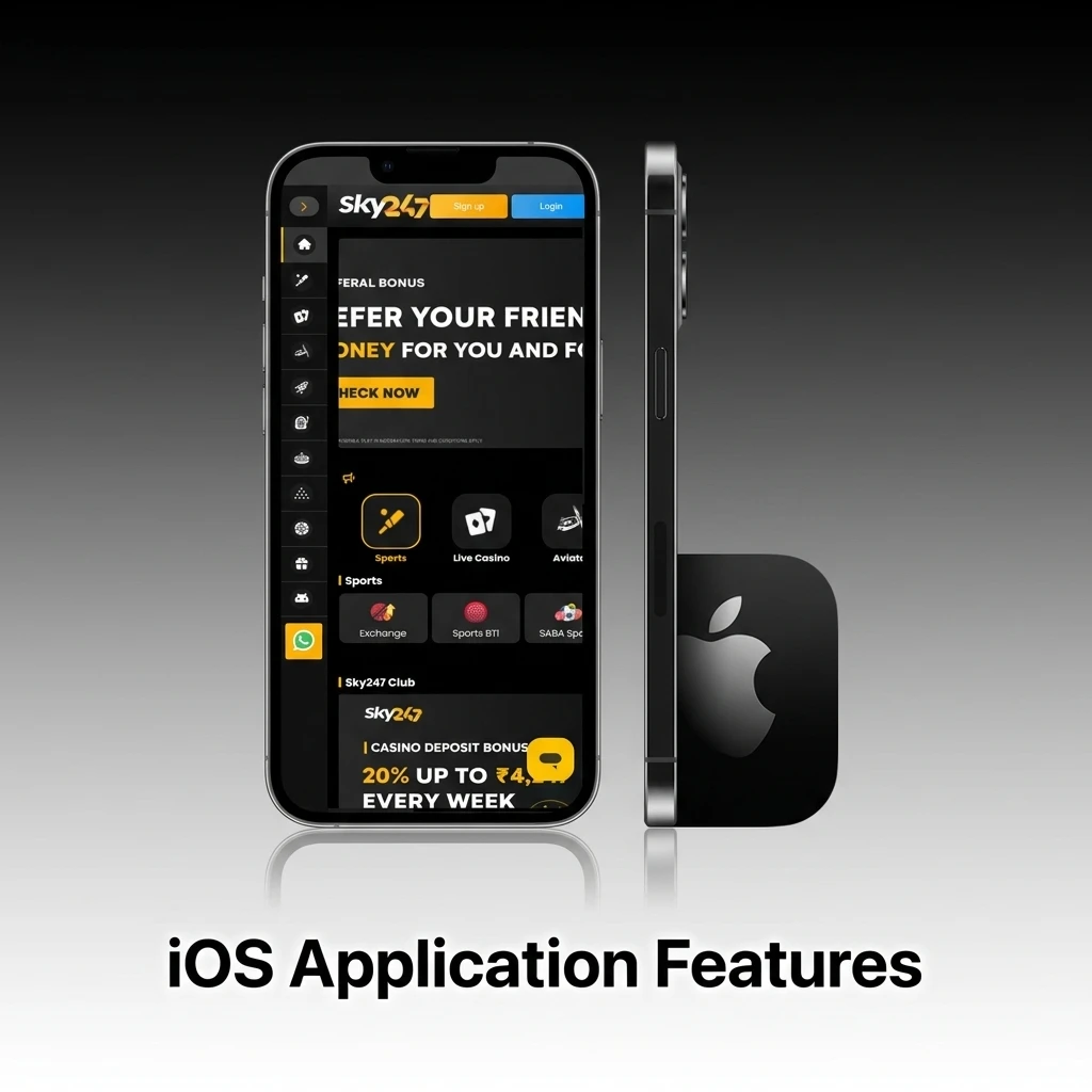 Sky247 iOS app features: free iPhone and iPad support, full website layout, and low requirements (iOS 11.0+, 50MB).