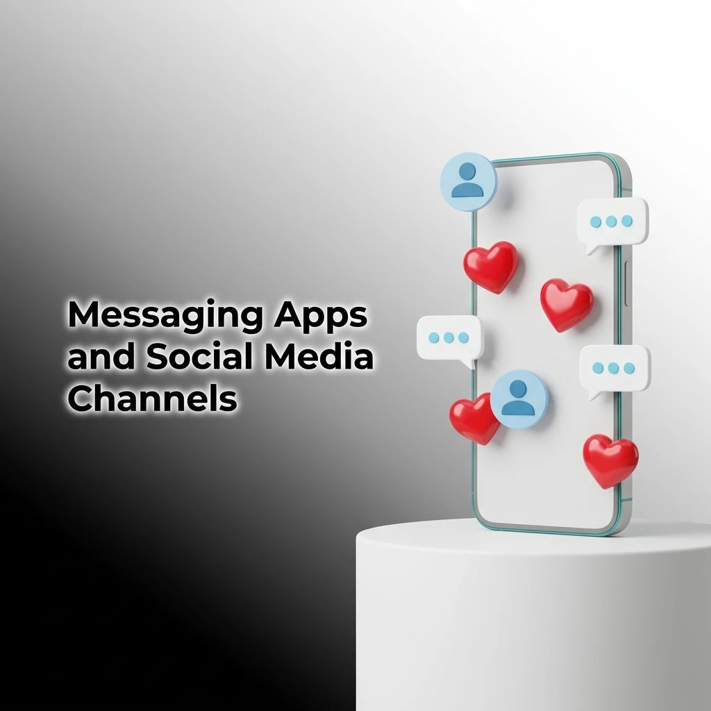 Social media and messaging app icons, like WhatsApp and Telegram, for quick customer support.