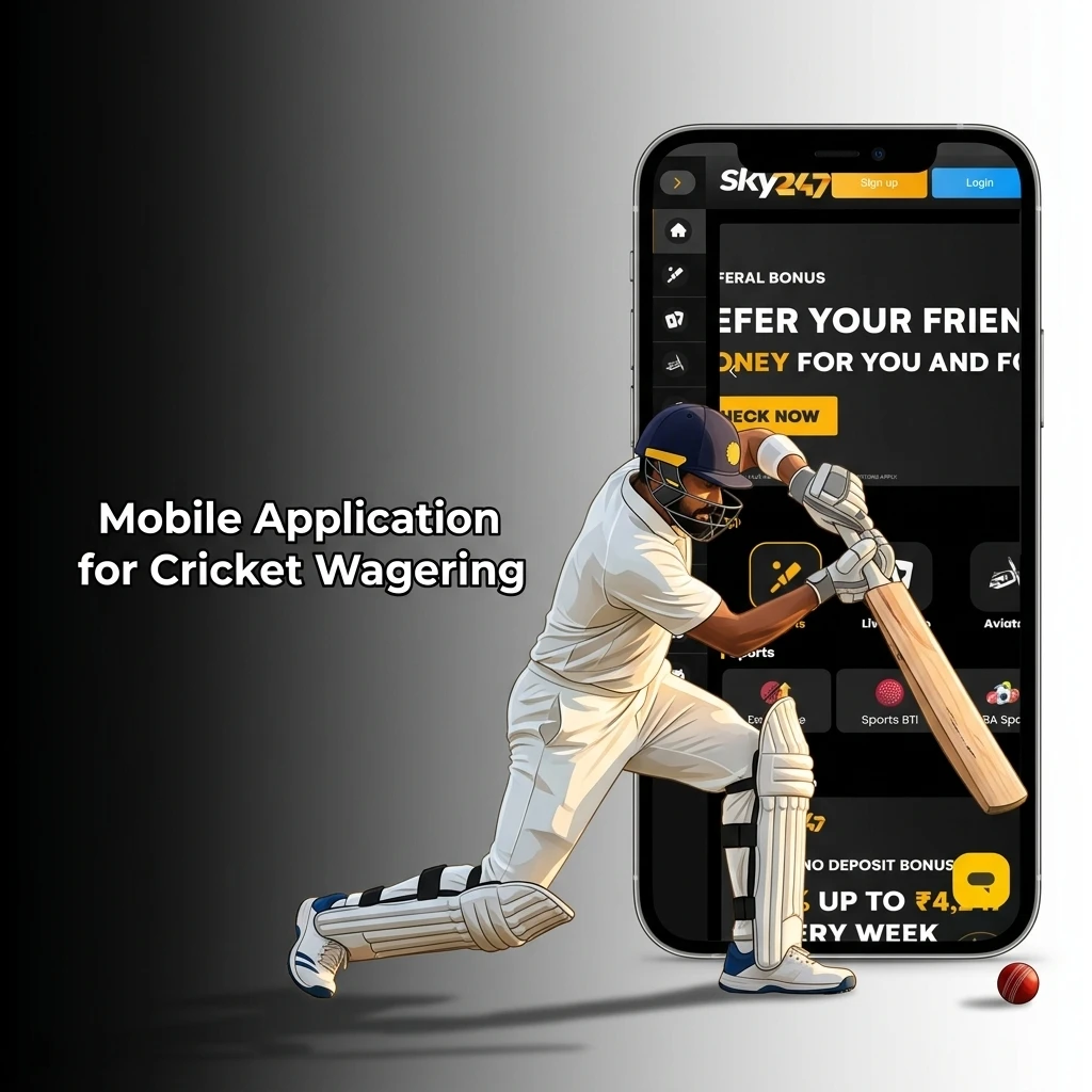 Smartphone displaying the Sky247 mobile application interface for live cricket wagering and sports betting.