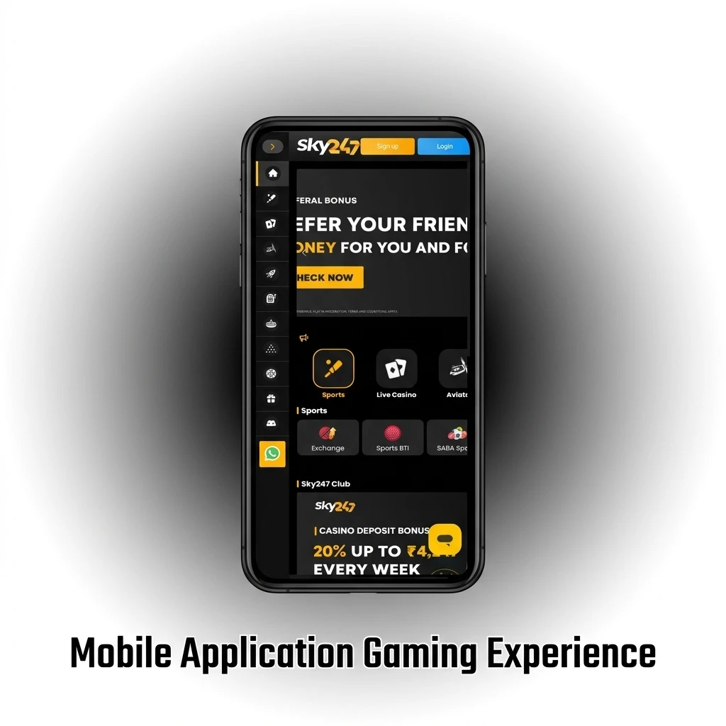Smartphone screen displaying the Sky247 mobile casino app with slot games and an intuitive touch interface.