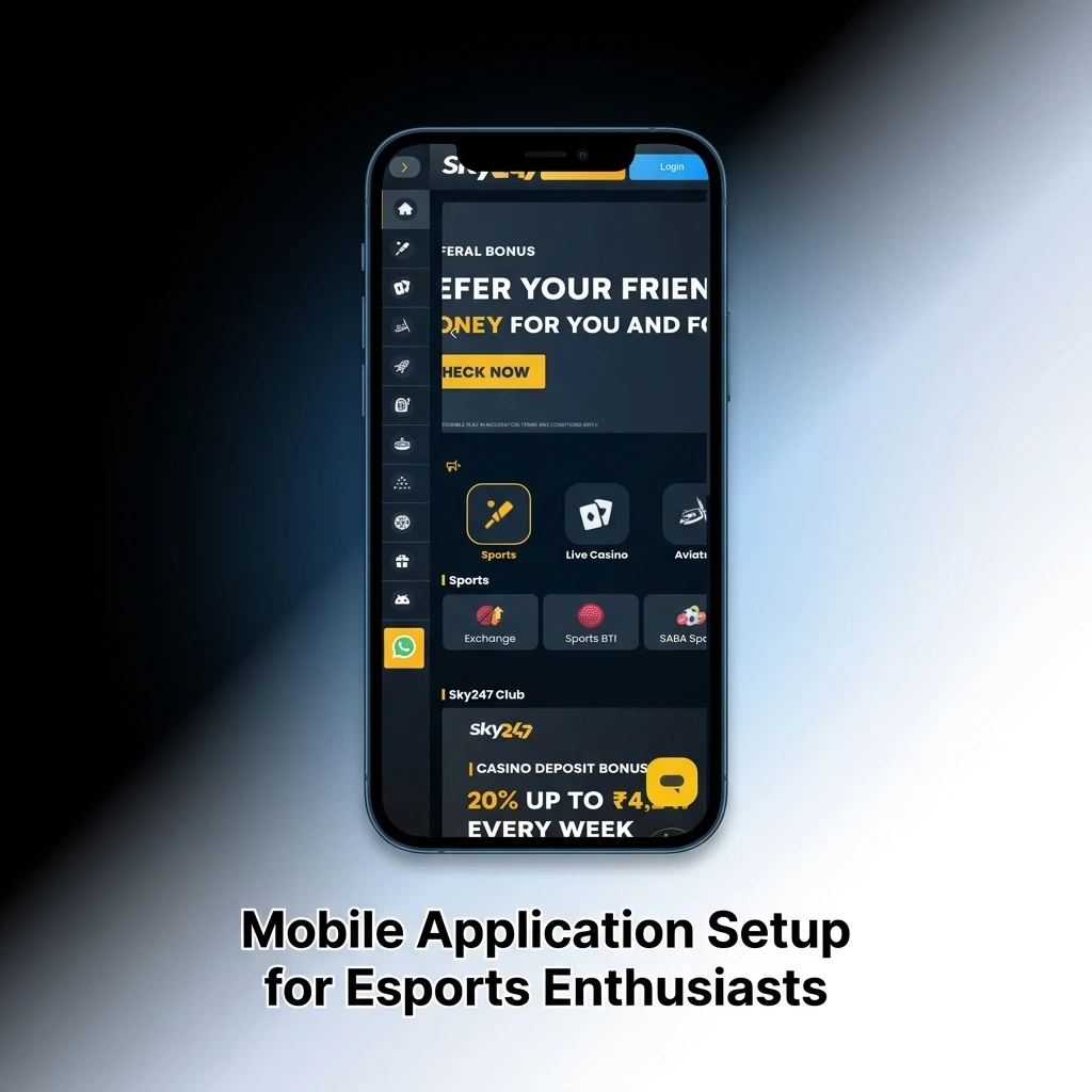 Smartphone screen showing steps to install the Sky247 app for League of Legends esports betting.