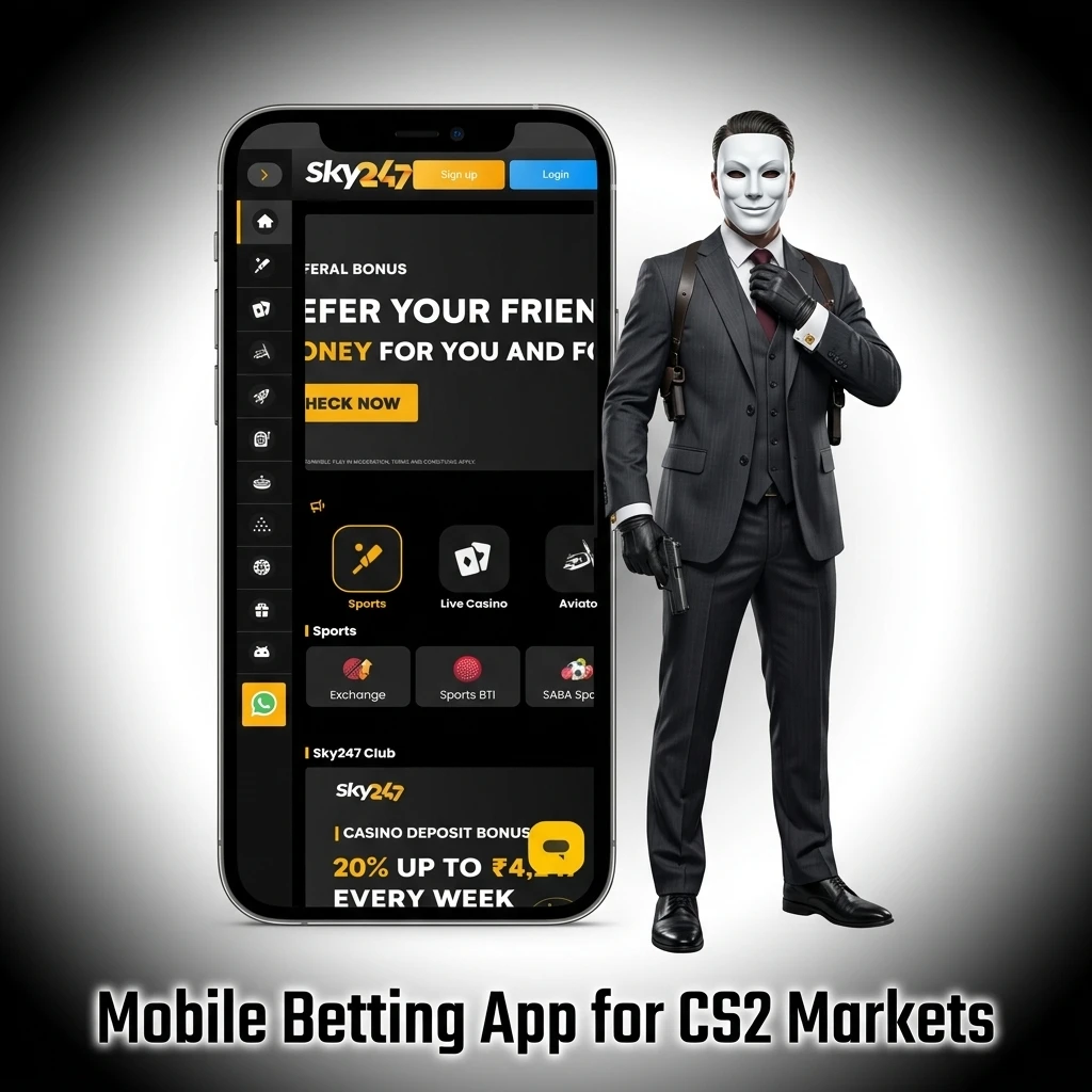 Smartphone displaying a CS2 esports mobile betting app interface with match markets and a prediction slip.