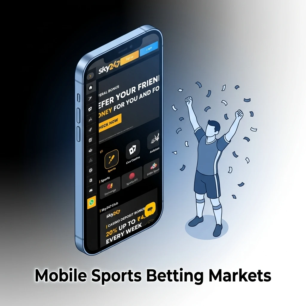 Smartphone screen displaying mobile sports betting markets for cricket, football, tennis, kabaddi, and eSports.