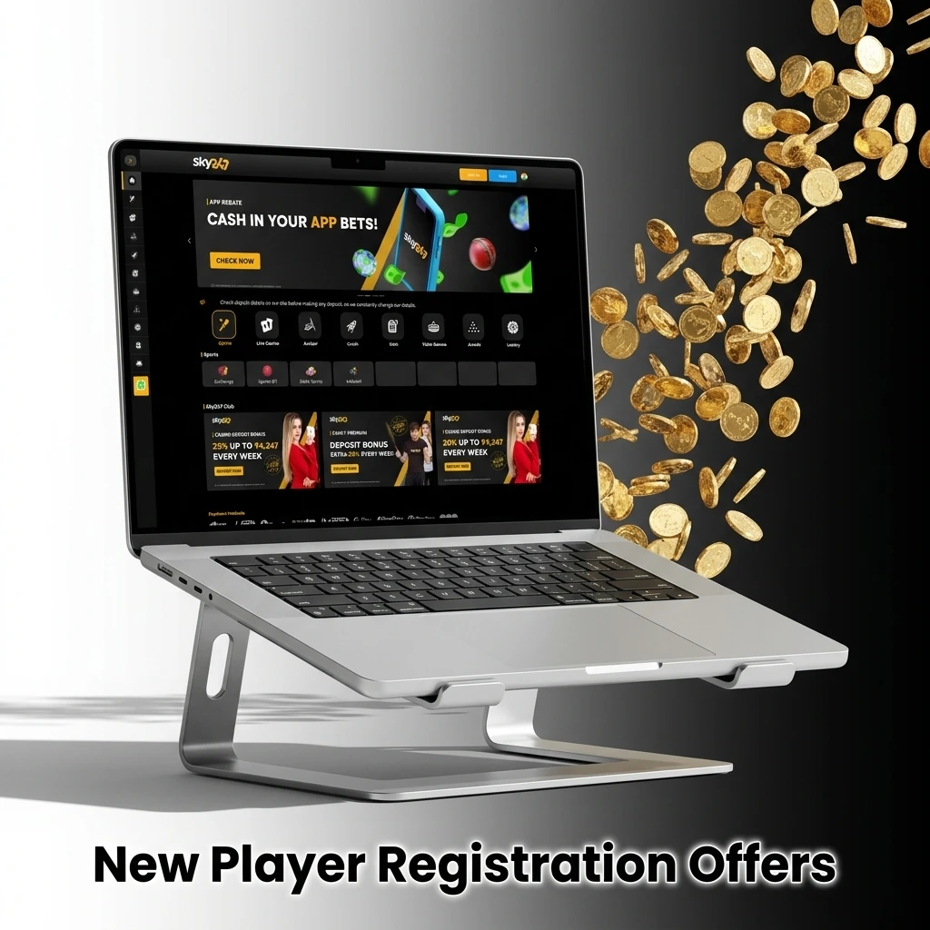 Table of Sky247 new player registration offers, including first deposit cashback, sports, and casino bonuses.