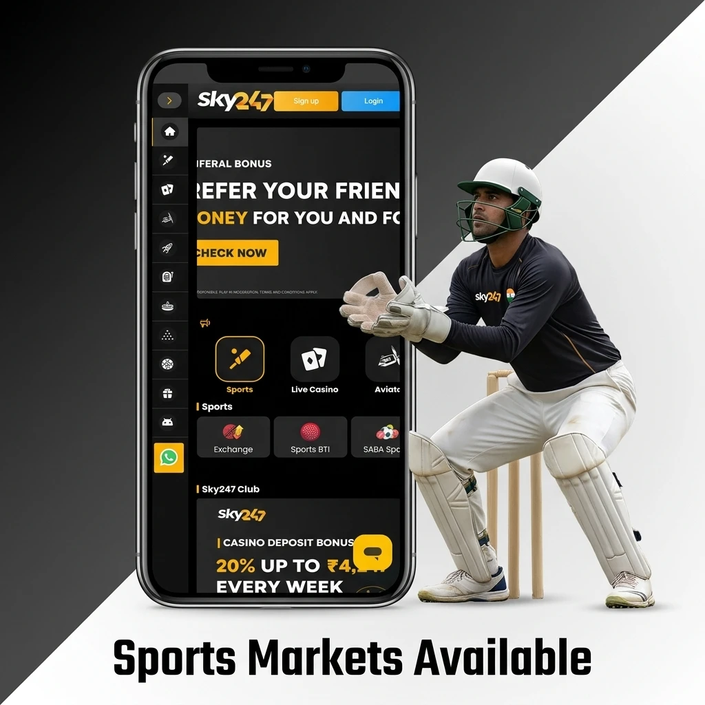 Sky247 betting app displaying available sports markets including cricket, football, tennis, and eSports.