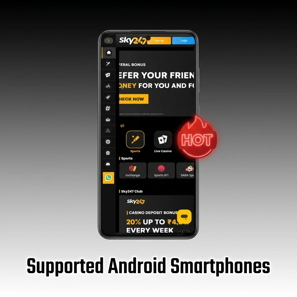 Supported Android smartphones for the Sky247 mobile app, including Samsung, Xiaomi, OnePlus, Vivo, Oppo, and Realme.