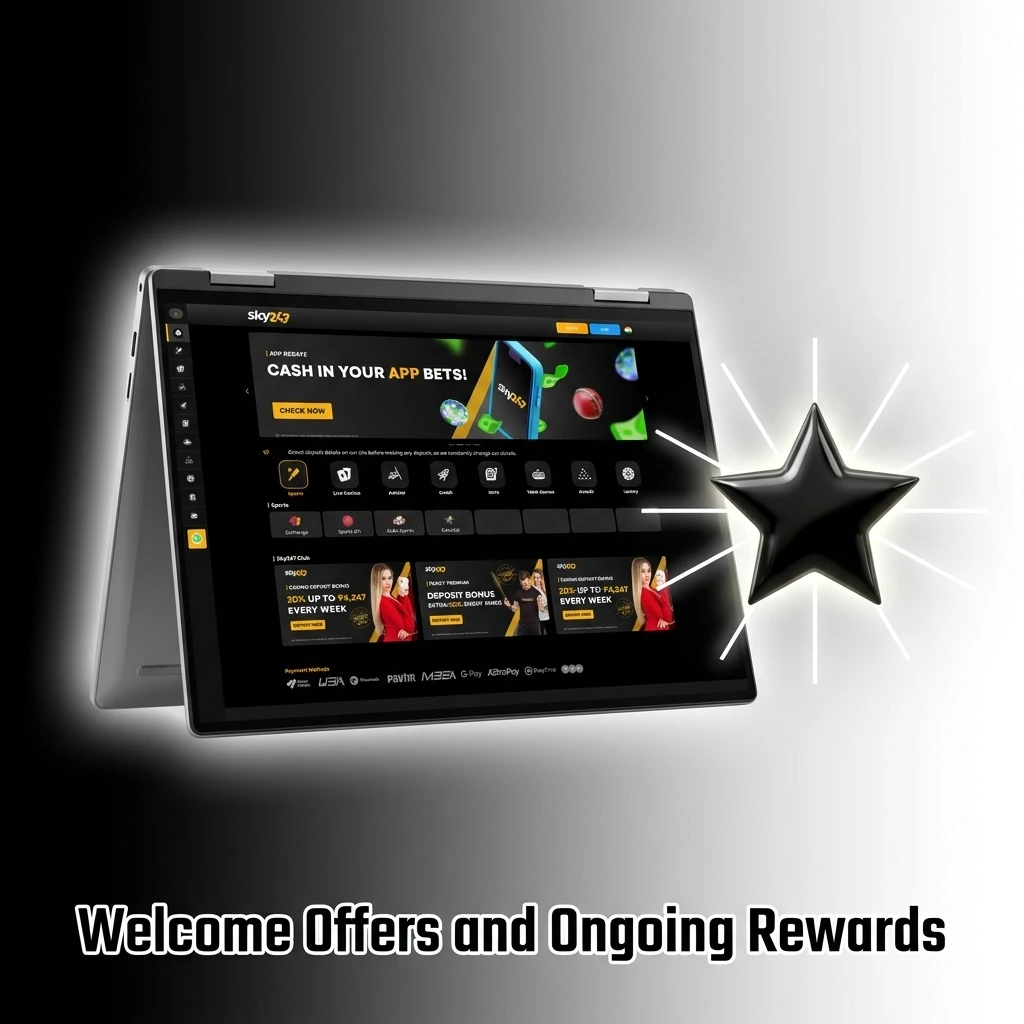 Graphic highlighting casino and sports betting welcome offers, deposit bonuses, and ongoing rewards.