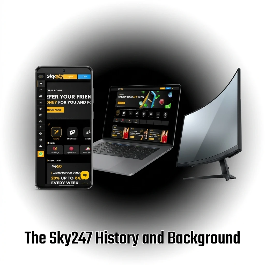 Graphic showing Sky247's history, highlighting its 2019 Curacao launch and expansion in the Asian gambling market.
