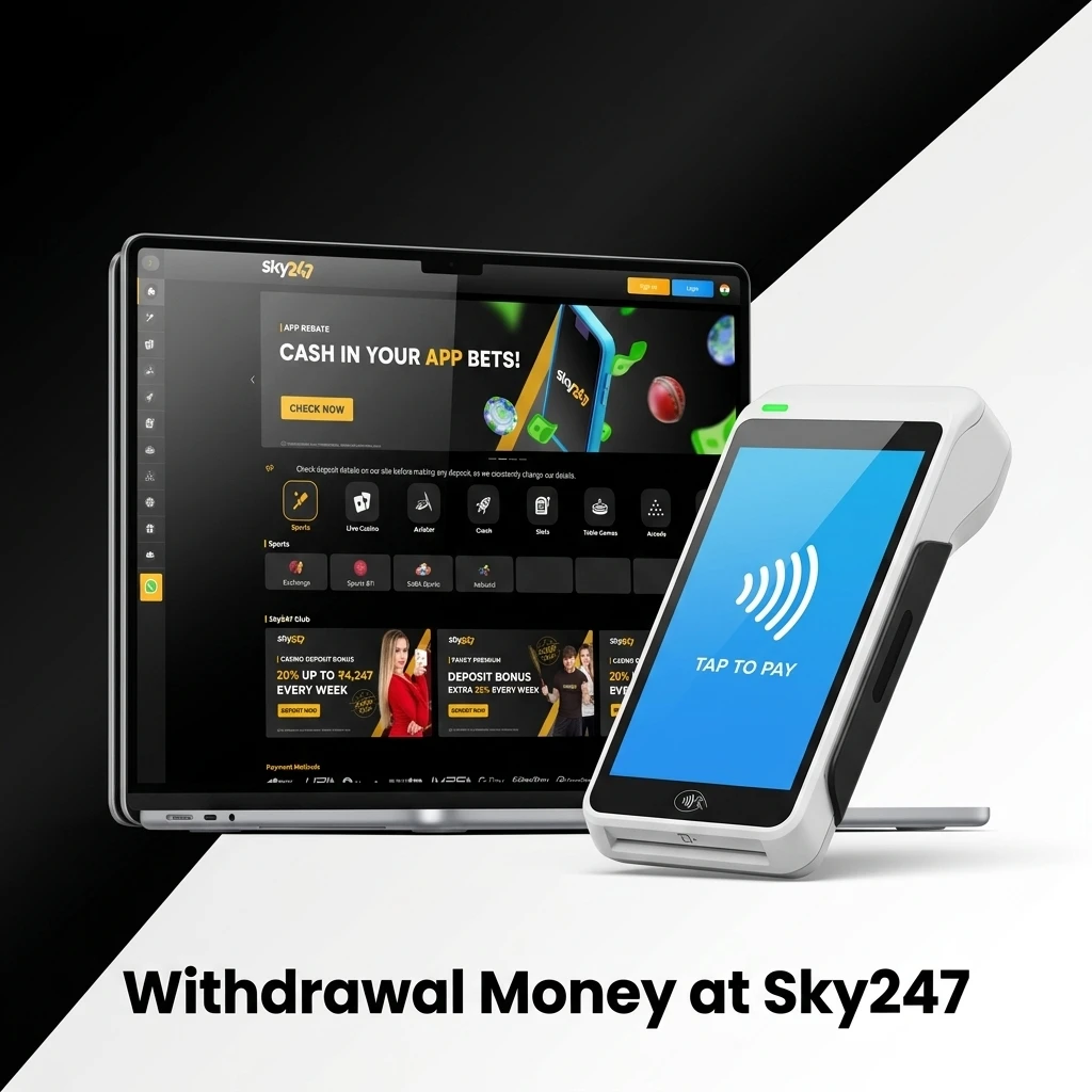 Five-step guide to securely withdrawing money from your Sky247 account.